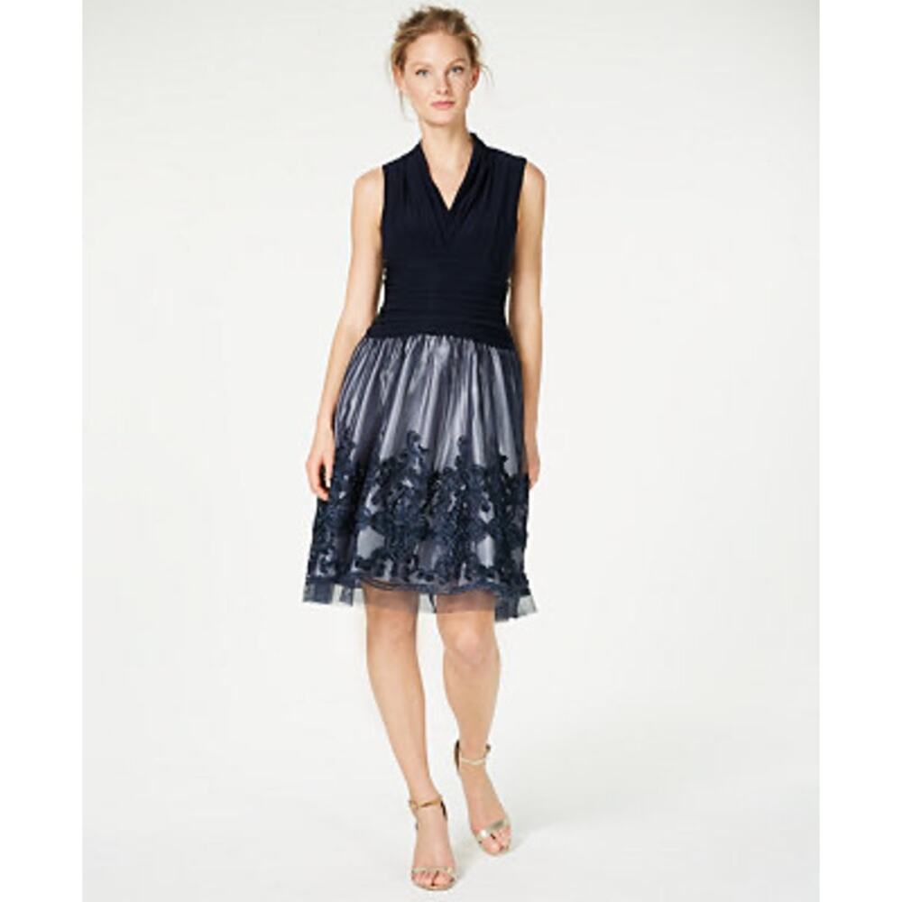 SLNY Sleeveless Fit & Flare Lace Overlay Cocktail Dress – Dark Navy – Size 14